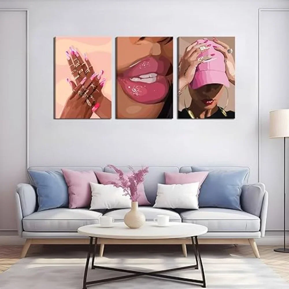 3Pcs African American Black Woman Canvas Wall Art pink - Picture 3 of 5